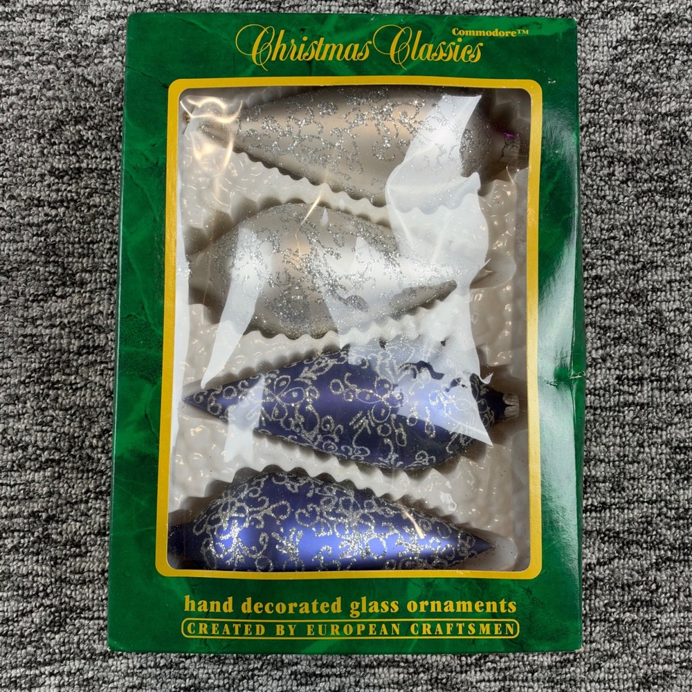 Vintage Commodore Christmas Classics Glass Teardrop Ornaments Romania Set of 4 - Picture 2 of 5
